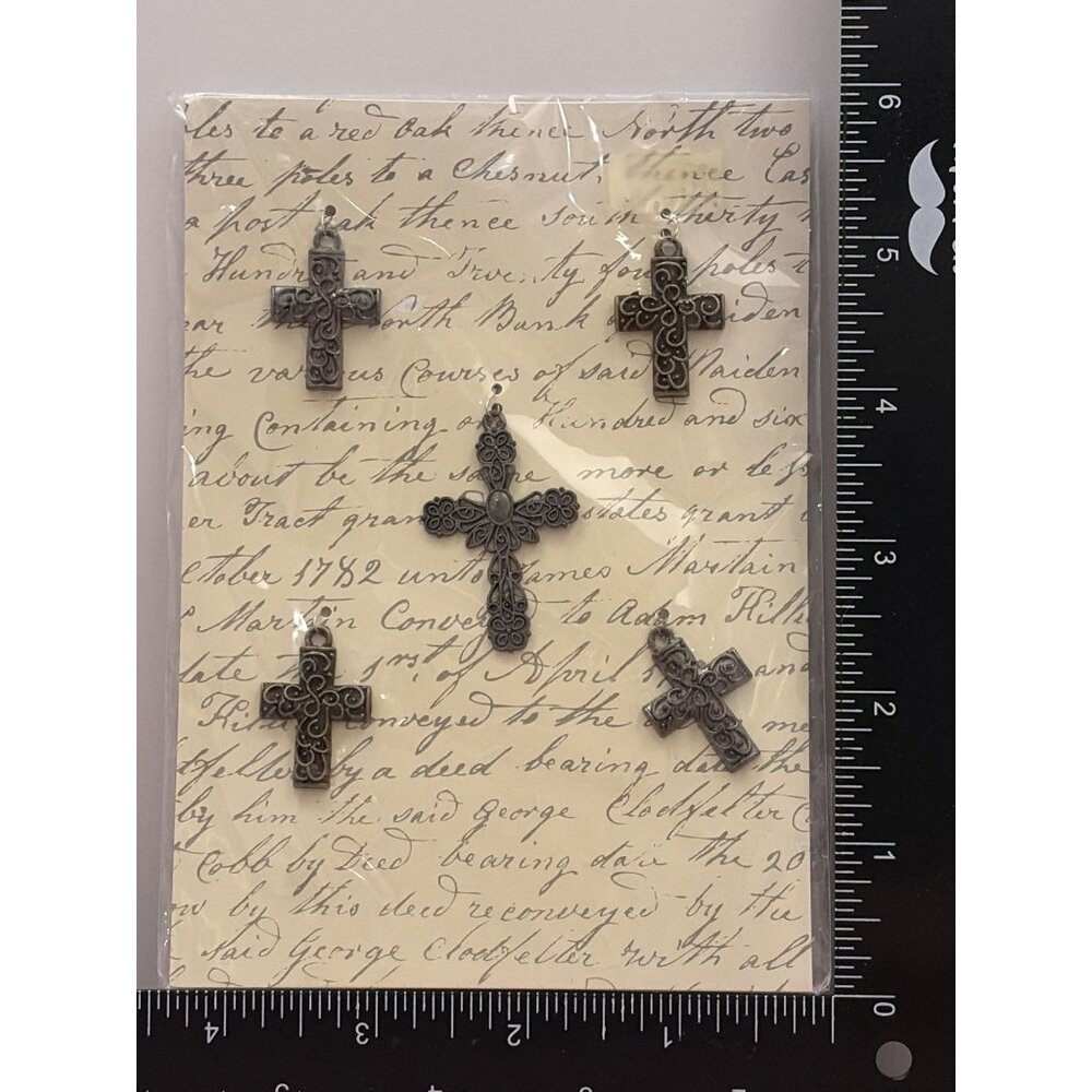 5 Piece Metal Cross EMBELLISHMENT Charms With Elegant Filigree Design